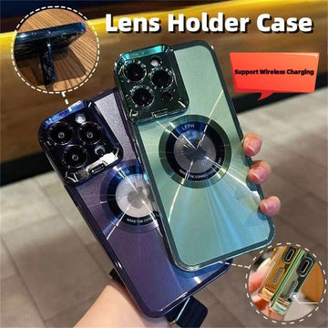 Electroplated Phone Case Luxury Plating CD Pattern Magsafe Bracket Case For  12 13 14 Pro Max Invisible Camera Stand Holder Lens Holder Magnetic Suction-pamma store